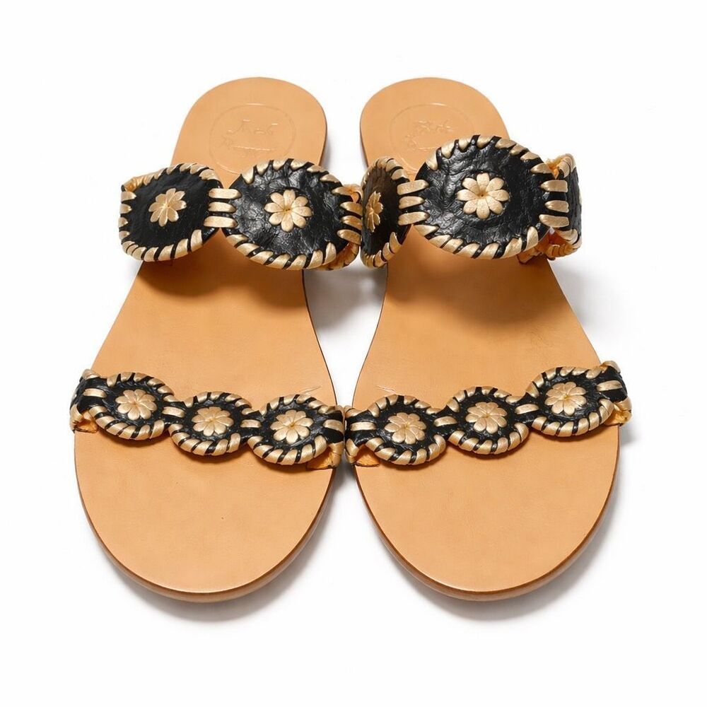 Jack Rogers Disc Sandals Leather Black Tan Womens Boho Coastal Flat 8M